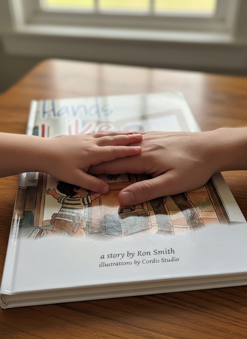 A child's hand resting on a parent's hand on the book