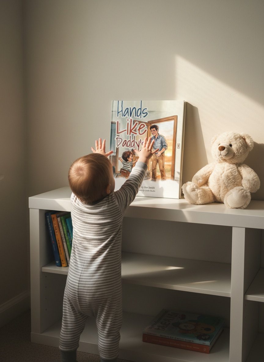 A toddler reaching for Hands Like Daddy's on a shelf