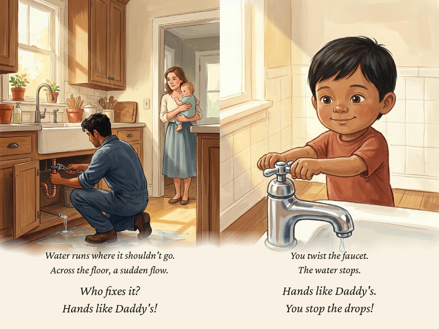 Sample spread — before the sun, a child waking to the sound of the work truck