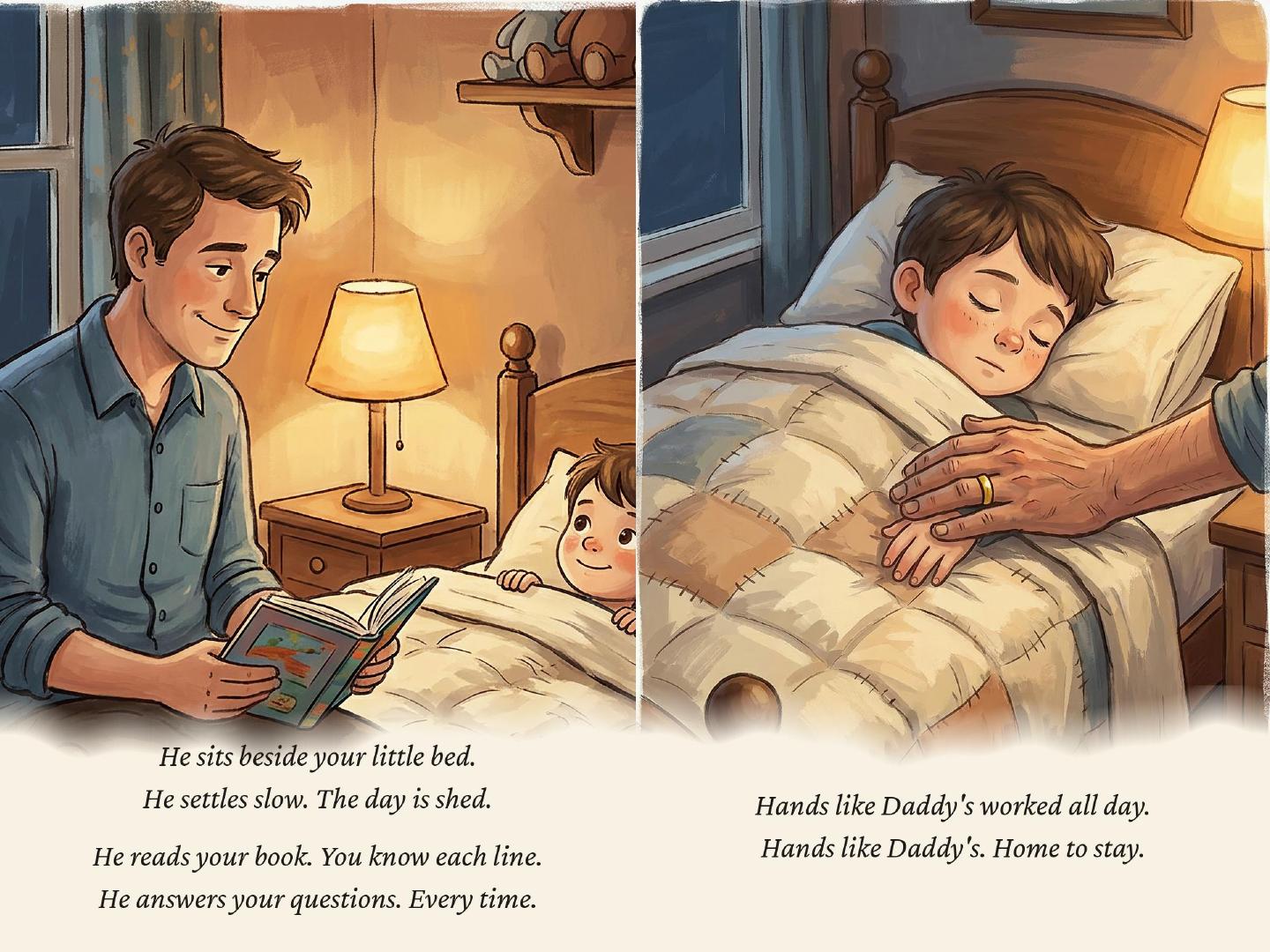 Sample spread — a father tucking a child into bed at the end of the day