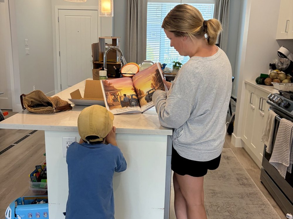 My sister and nephew in the kitchen