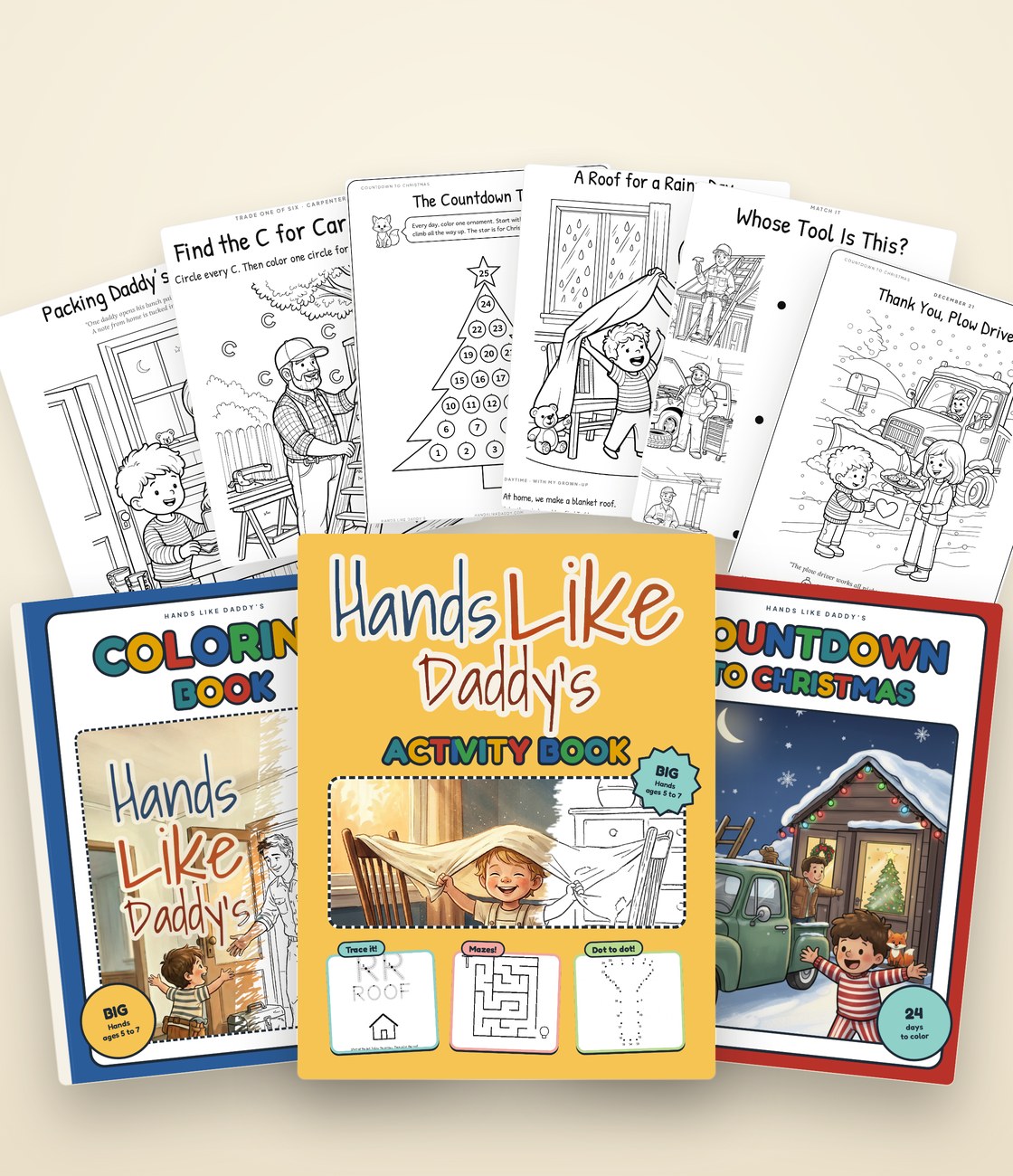 The three Hands Like Daddy's books and the printable library, fanned out on a table